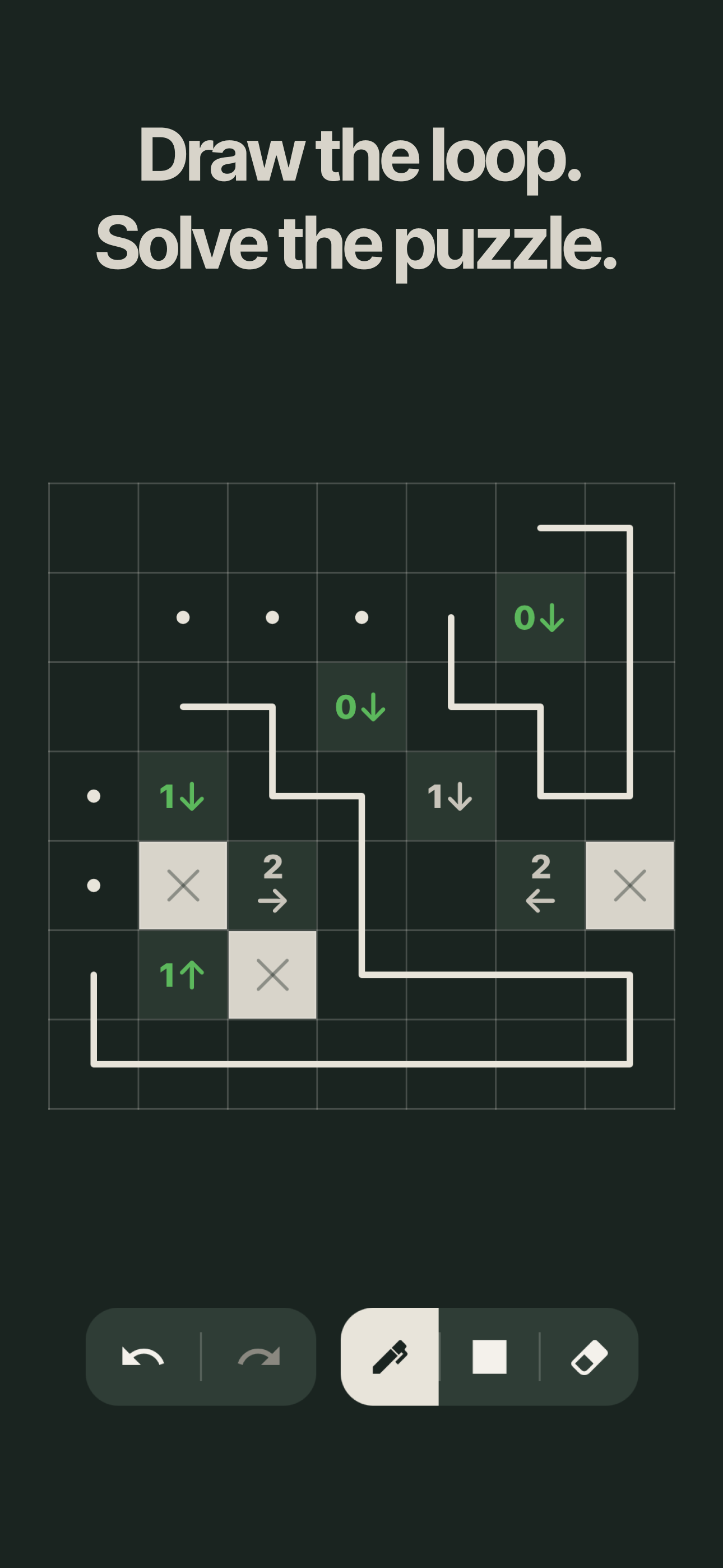 Yajilin puzzle being solved — drawing a loop path around shaded cells with arrow clues
